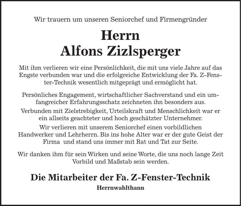 Traueranzeige Alfons Zizlsperger