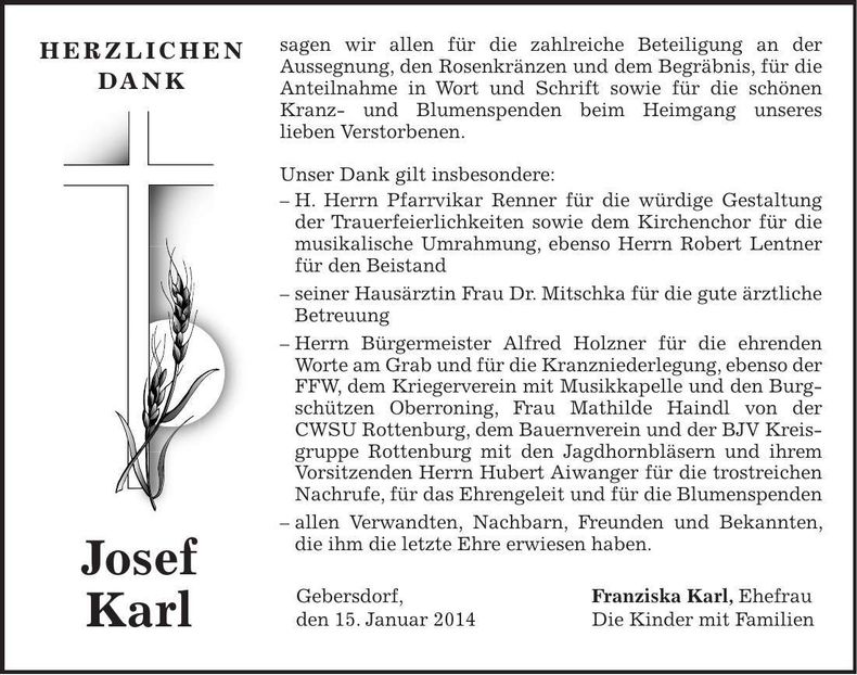 Traueranzeige Josef Karl