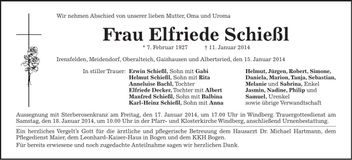 Traueranzeige Elfriede Schießl