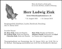 Traueranzeige Ludwig Zink