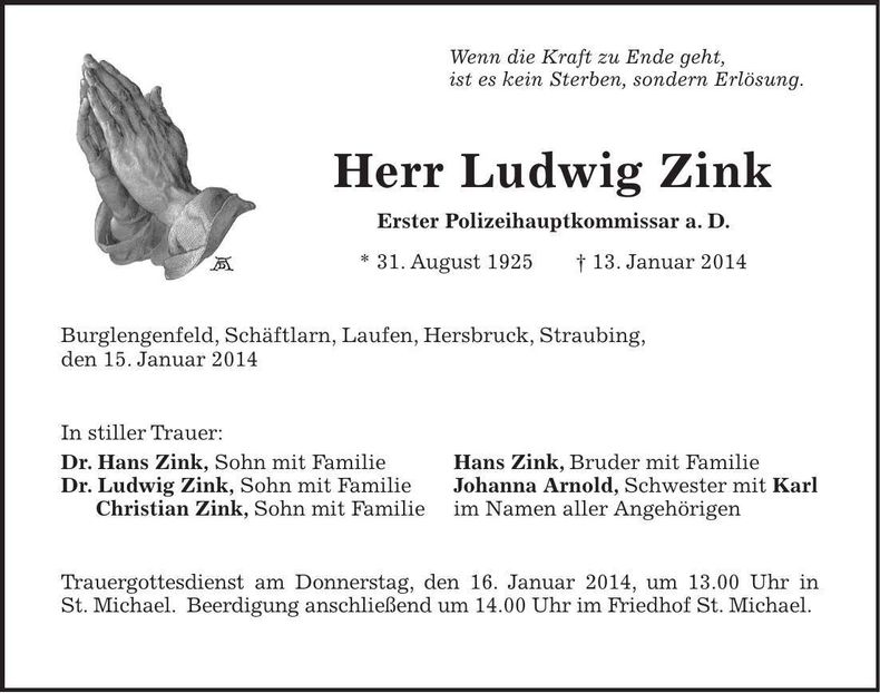 Traueranzeige Ludwig Zink