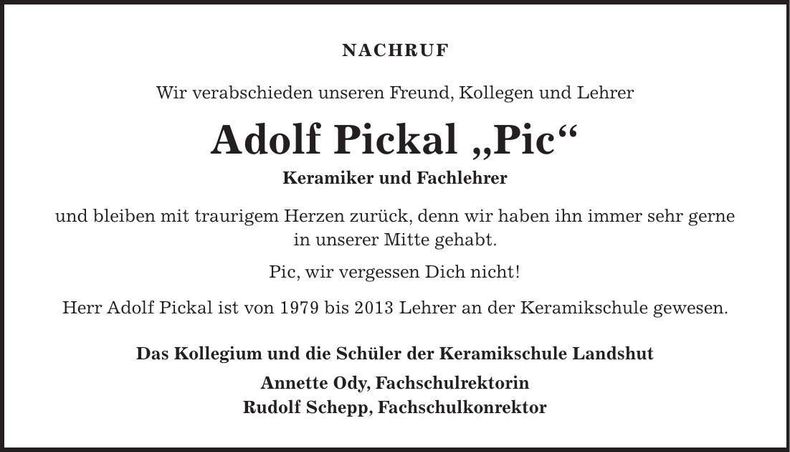 Traueranzeige Adolf Pickal