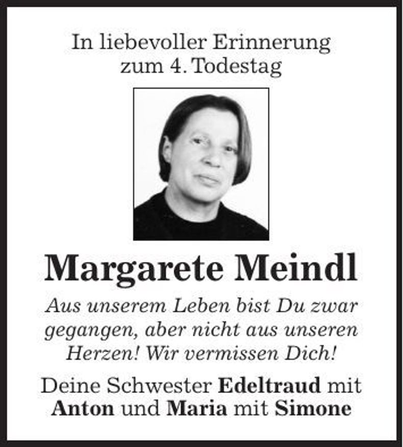 Traueranzeige Margarete Meindl