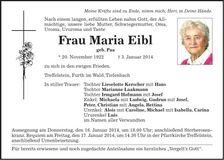 Traueranzeige Maria Eibl