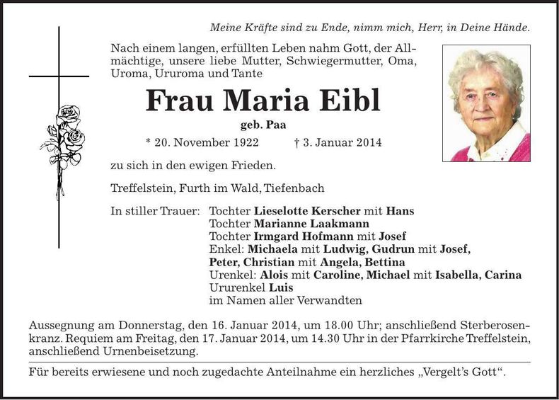 Traueranzeige Maria Eibl