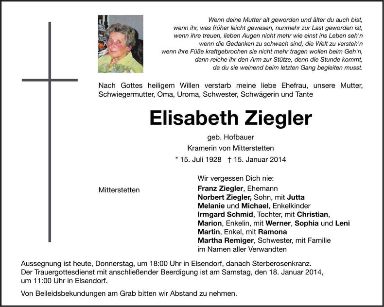 Traueranzeige Elisabeth Ziegler