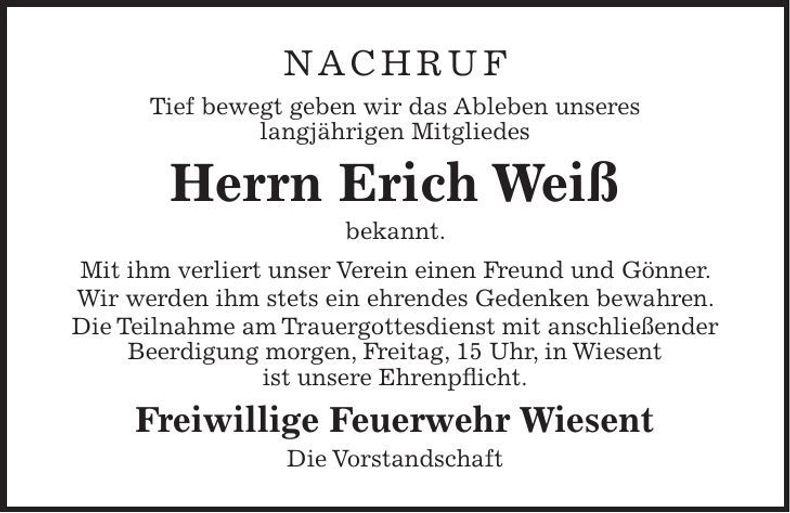 Traueranzeige Erich Weiß