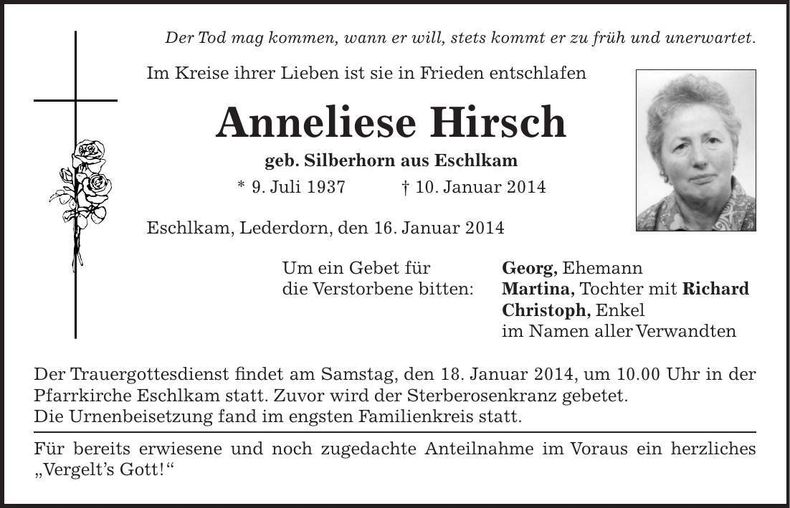 Traueranzeige Anneliese Hirsch
