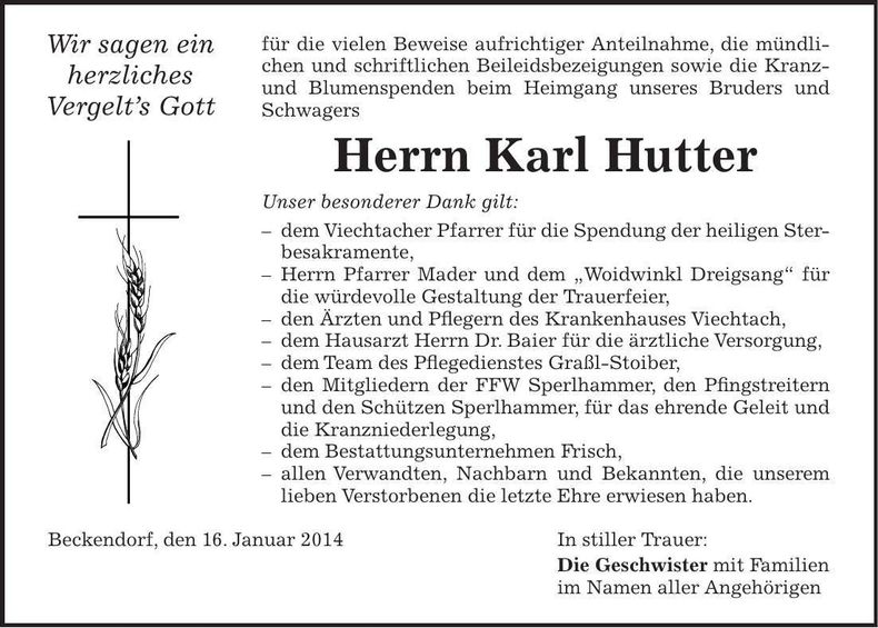 Traueranzeige Karl Hutter