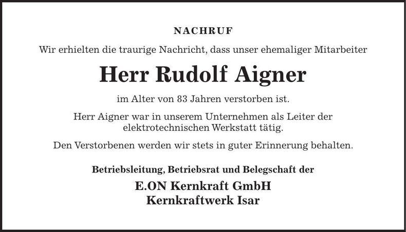 Traueranzeige Rudolf Aigner