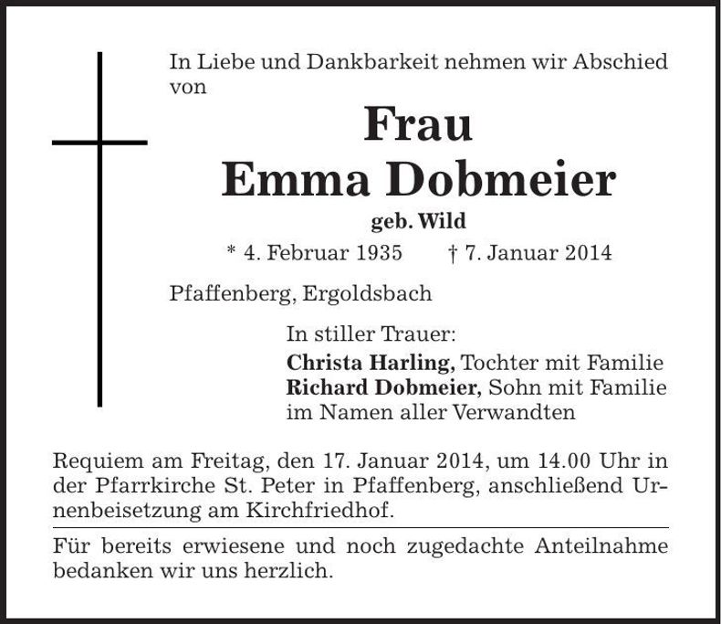 Traueranzeige Emma Dobmeier