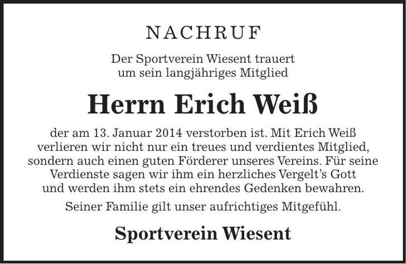 Traueranzeige Erich Weiß