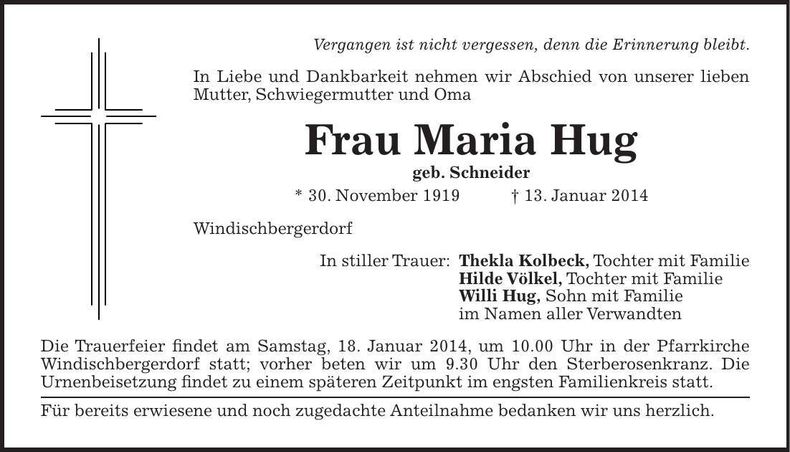 Traueranzeige Maria Hug