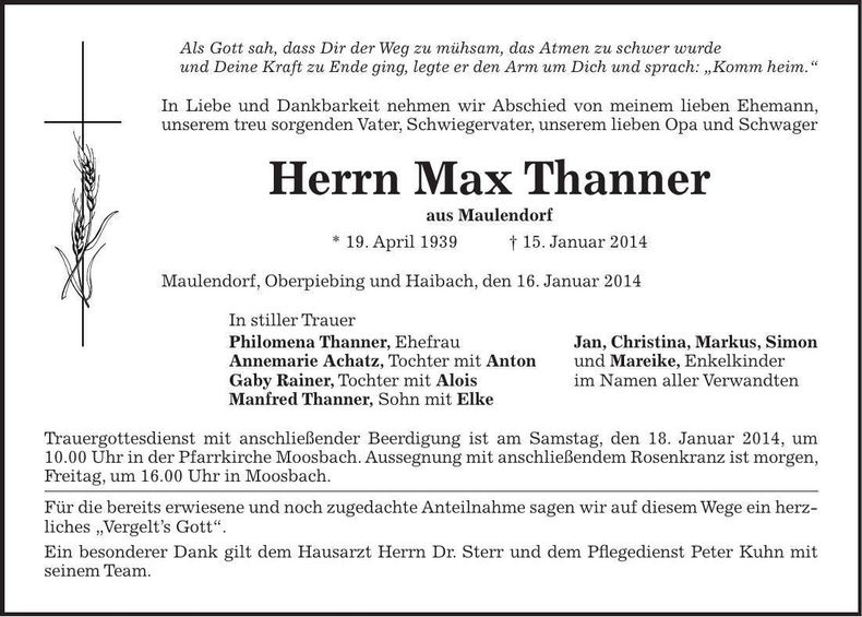 Traueranzeige Max Thanner