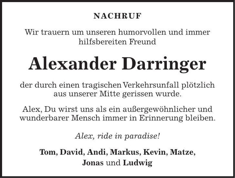 Traueranzeige Alexander Darringer