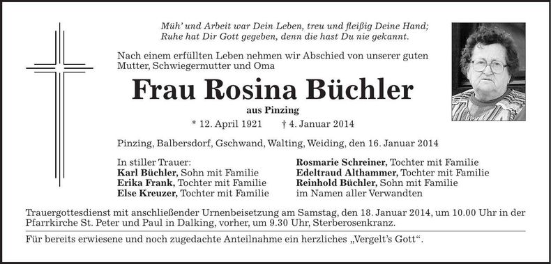 Traueranzeige Rosina Büchler
