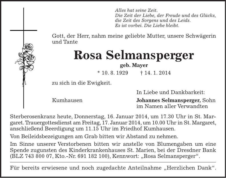 Traueranzeige Rosa Selmansperger