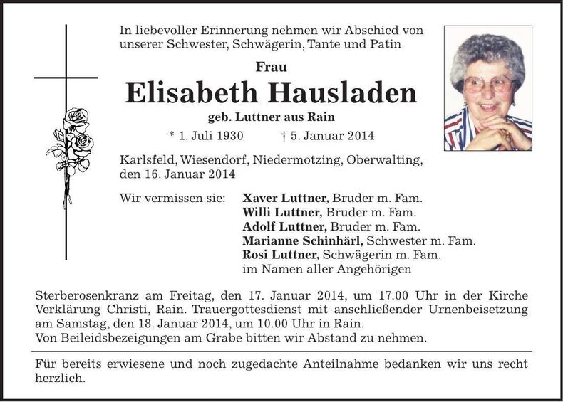 Traueranzeige Elisabeth Hausladen