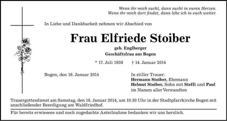 Traueranzeige Elfriede Stoiber