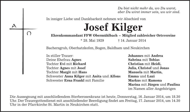 Traueranzeige Josef Kilger