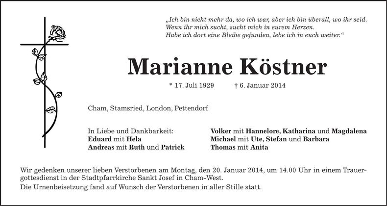 Traueranzeige Marianne Köstner