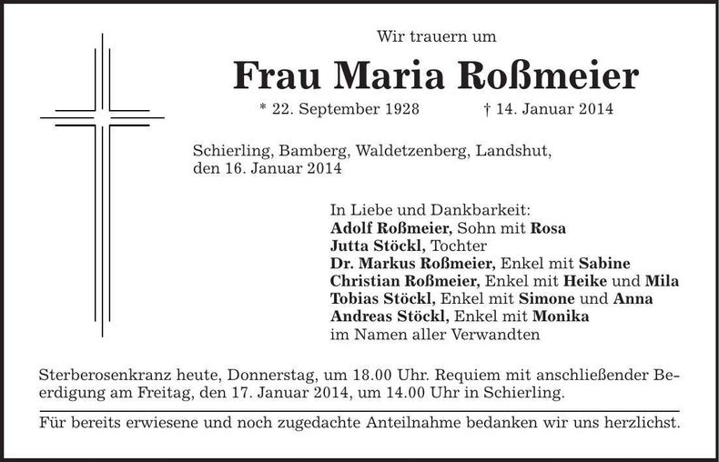 Traueranzeige Maria Roßmeier
