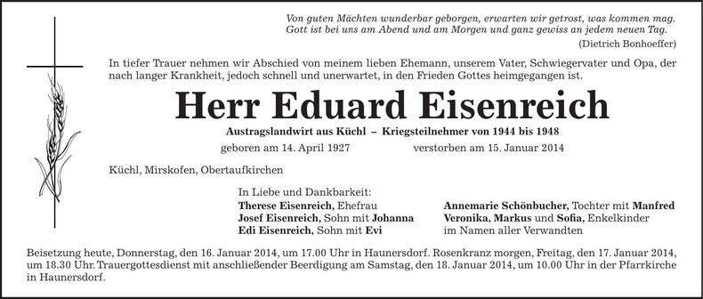 Traueranzeige Eduard Eisenreich