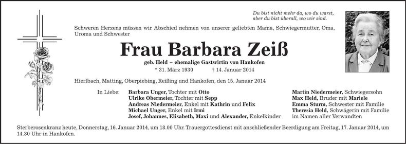 Traueranzeige Barbara Zeiß