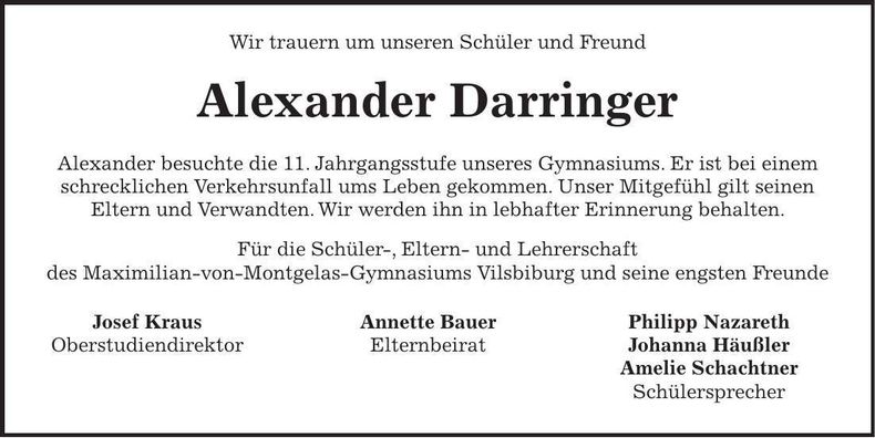 Traueranzeige Alexander Darringer