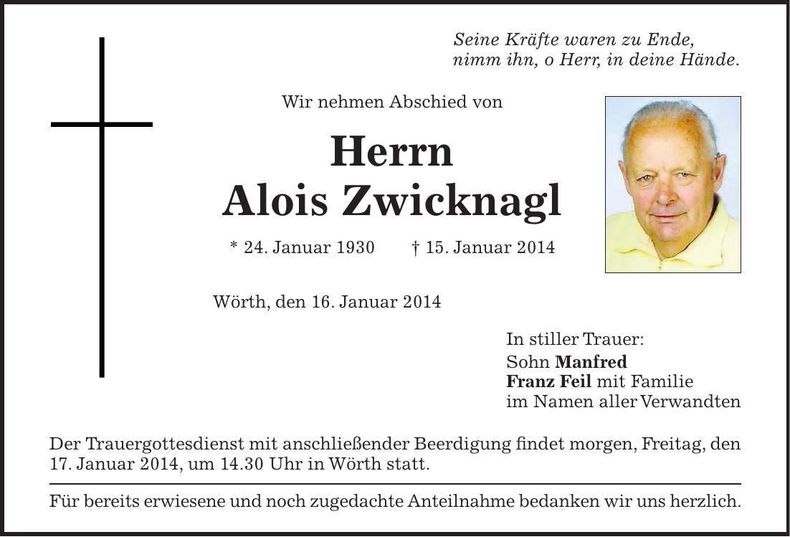 Traueranzeige Alois Zicknagl