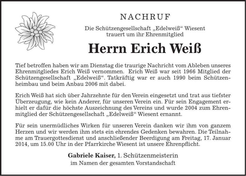Traueranzeige Erich Weiß