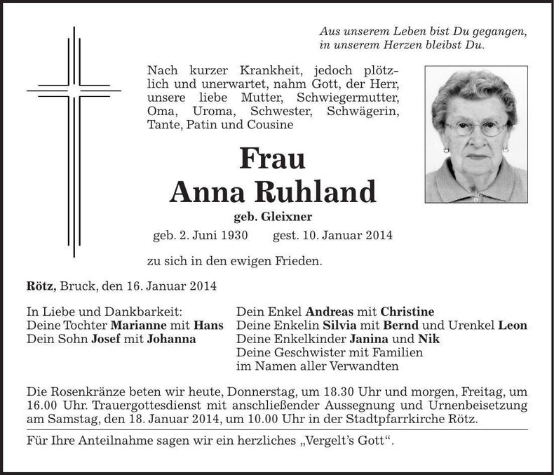 Traueranzeige Anna Ruhland