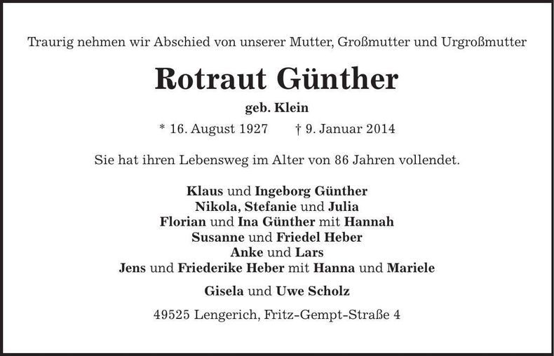 Traueranzeige Rotraut Günther