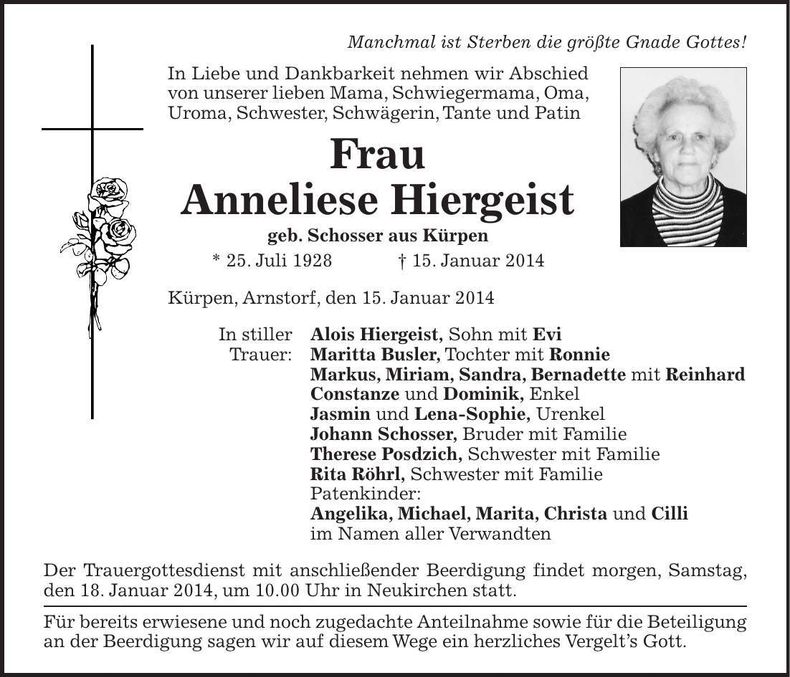 Traueranzeige Anneliese Hiergeist
