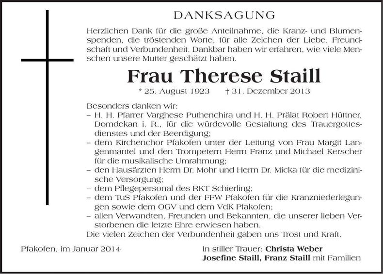 Traueranzeige Therese Staill