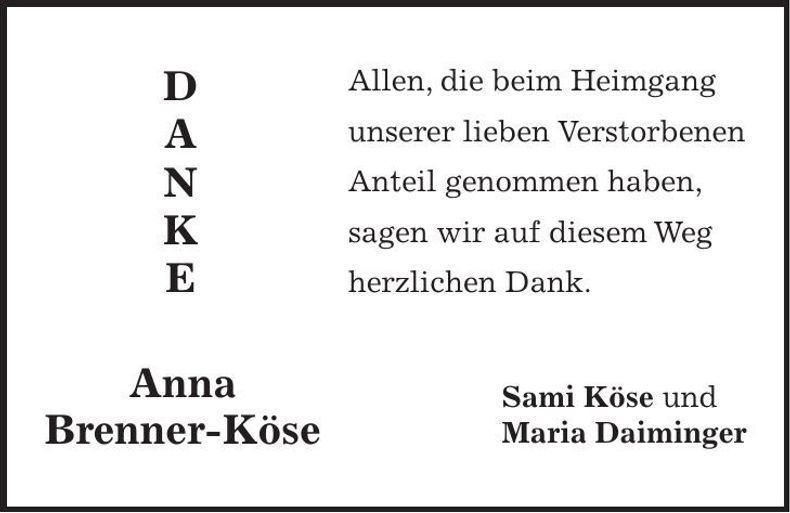 Traueranzeige Anne Brenner-Köse