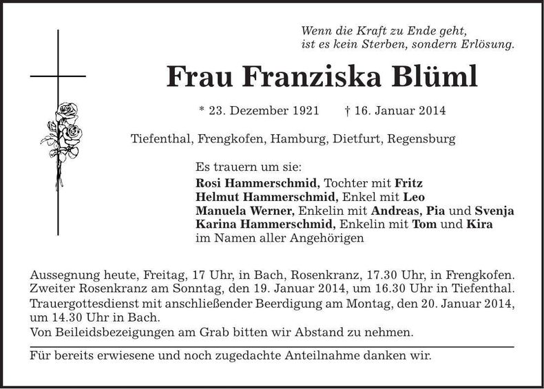 Traueranzeige Franziska Blüml