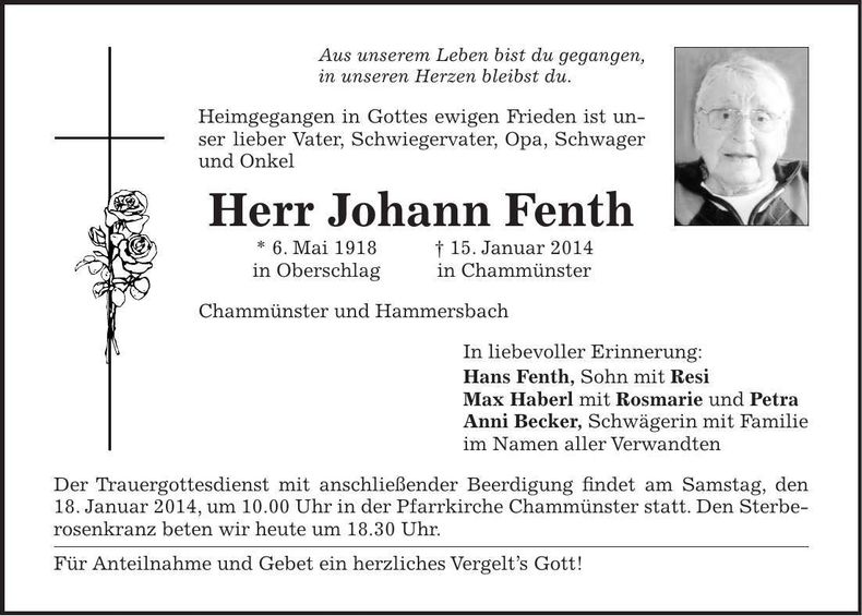 Traueranzeige Johann Fenth