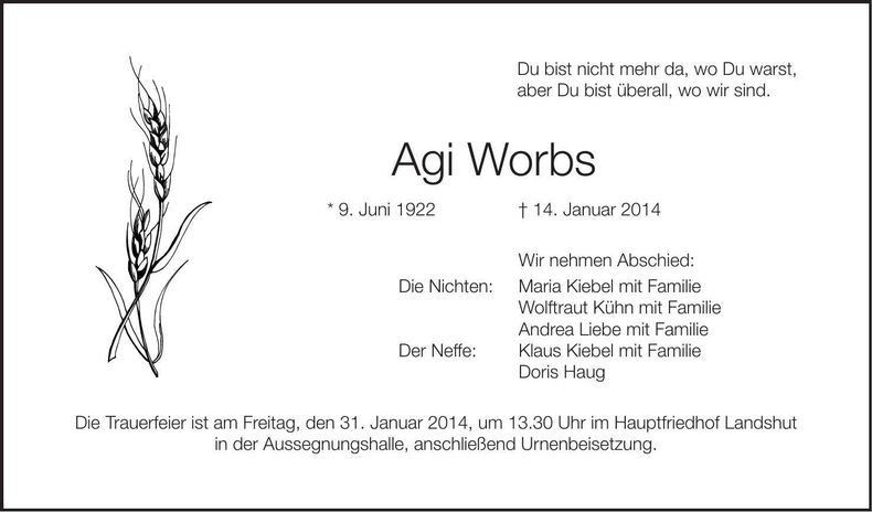 Traueranzeige Agi Worbs