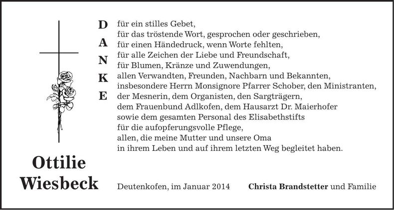 Traueranzeige Ottilie Wiesbeck