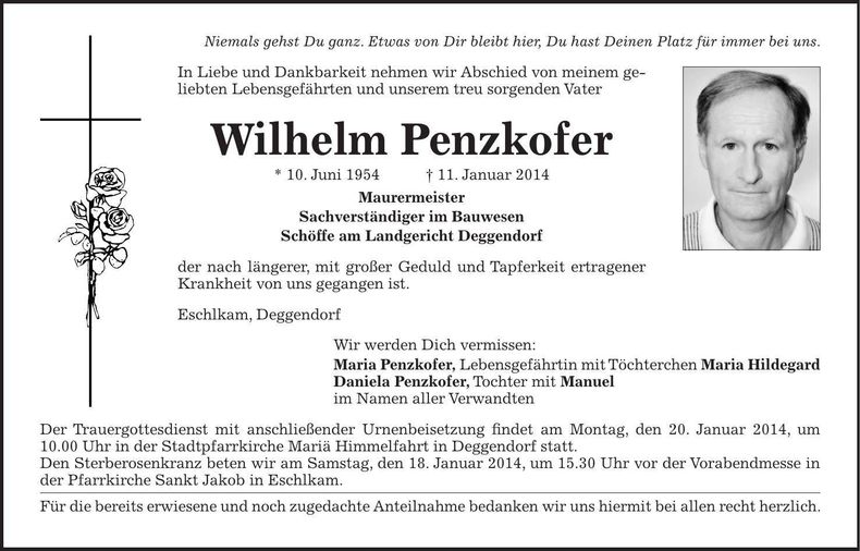 Traueranzeige Wilhelm Penzkofer