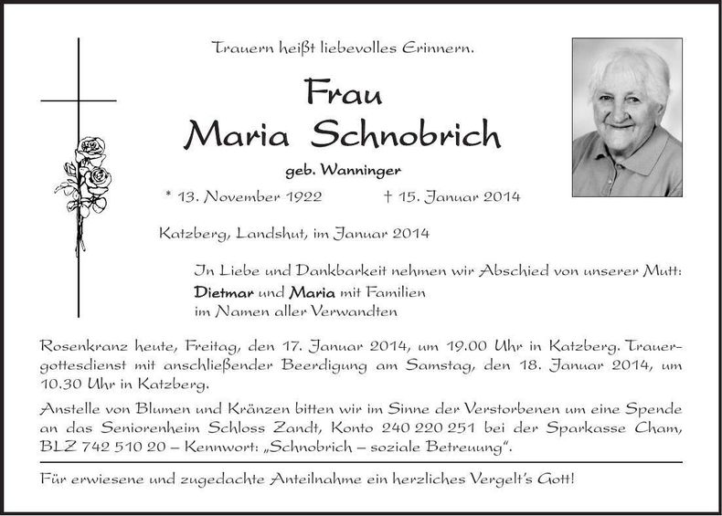 Traueranzeige Maria Schnobrich