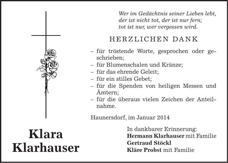 Traueranzeige Klara Klarhauser
