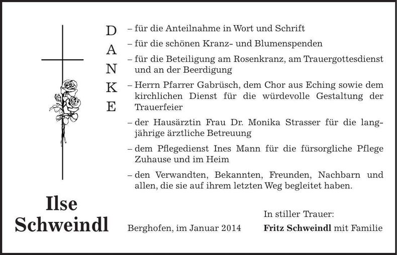 Traueranzeige Ilse Schweindl