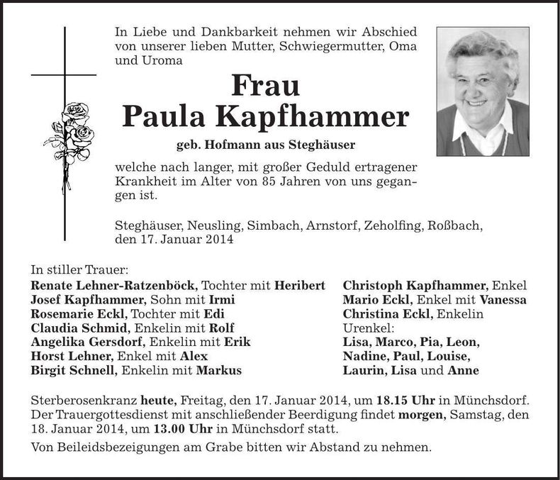 Traueranzeige Paula Kapfhammer
