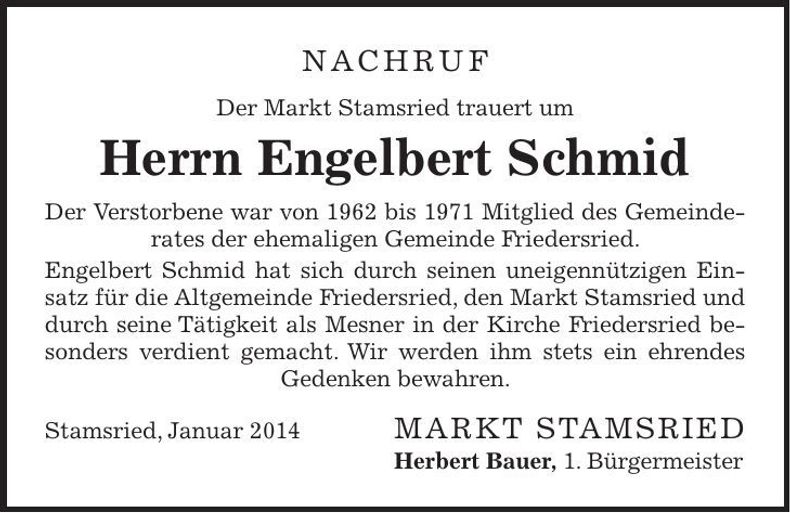 Traueranzeige Engelbert Schmid