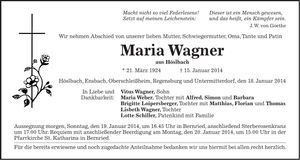 Traueranzeige Maria Wagner