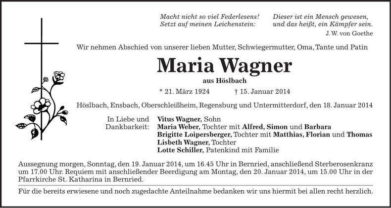 Traueranzeige Maria Wagner
