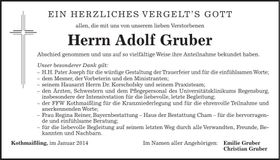 Traueranzeige Adolf Gruber