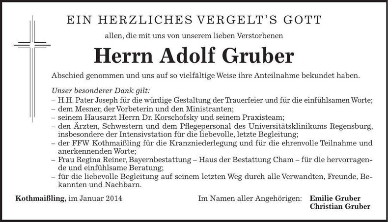 Traueranzeige Adolf Gruber